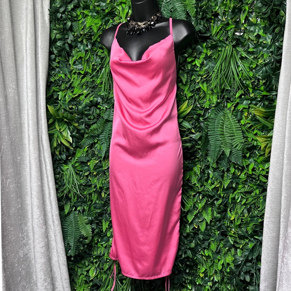 REBELLIOUS Dress 8 Pink Satin Cowl Neck‎ Midi Slip Drawstring Side 3212